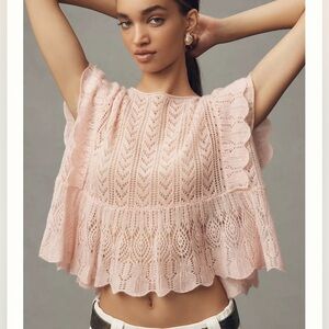 Anthropologie Flutter-Sleeve Pointelle Cashmere Pink Sweater Tee size M